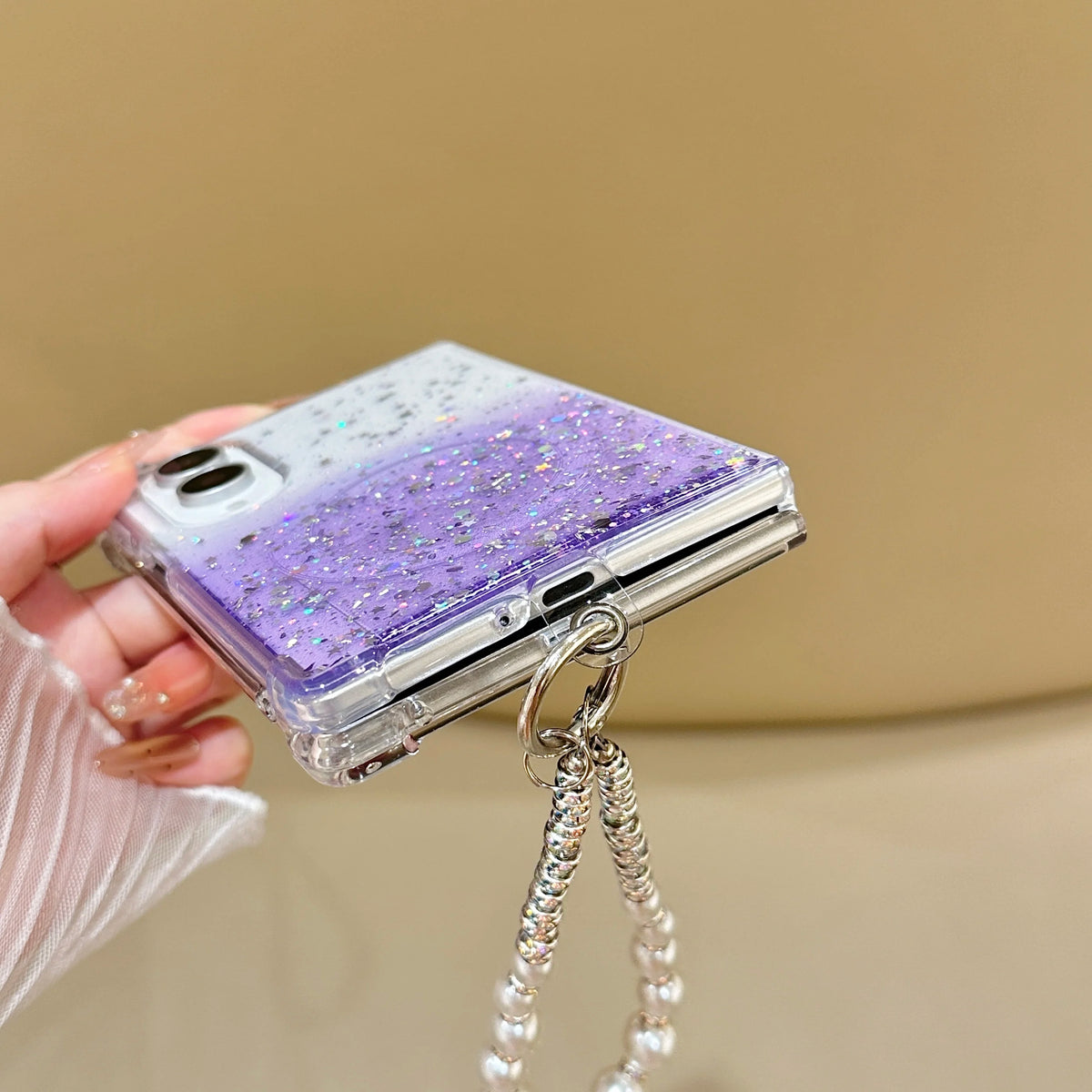 Luxury Gradient Glitter Sequins Pearl Wristband Bracelet Phone Case For Samsung Galaxy Z Fold 8 Wireless Charge Anti-slip Case