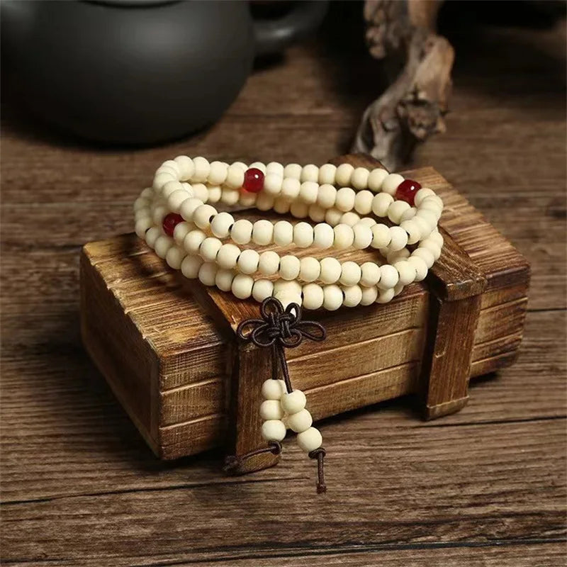 Natural Chinese Sandalwood 108 Prayer Beads Mala Bracelet Necklace 6mm Buddhist Buddha Rosary Elastic Wrist Jewelry Luck Amulet