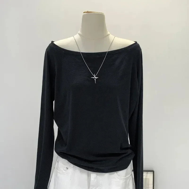 Autumn Winter One Shoulder Cotton Long Sleeve Slant Shoulder Women&