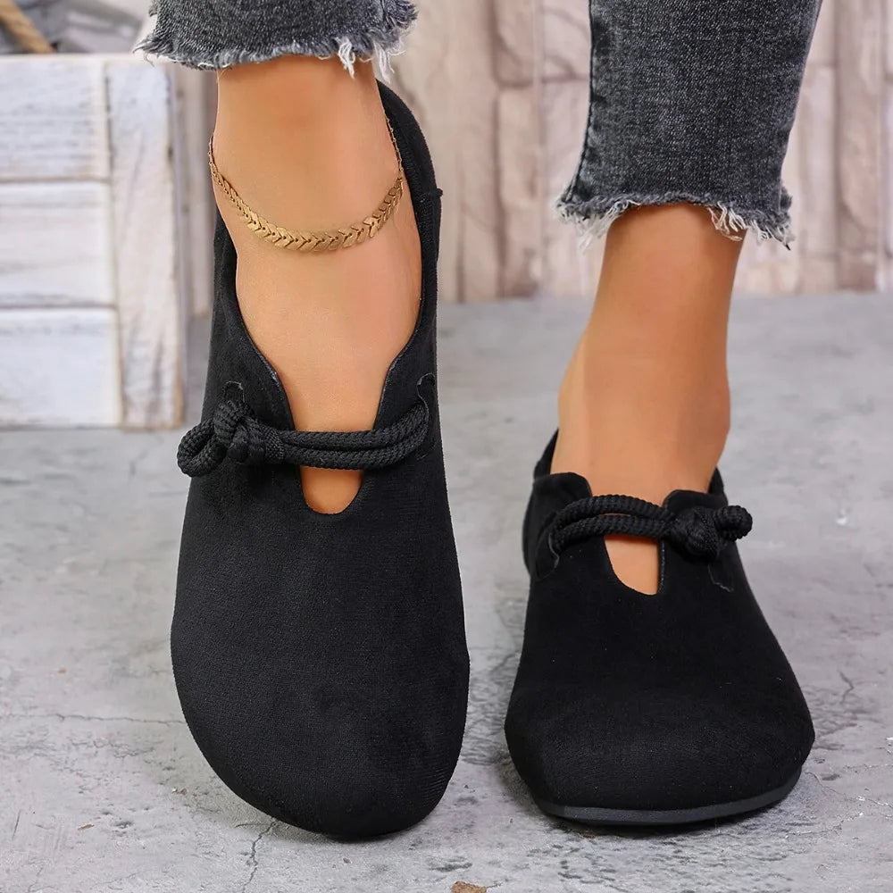 Women Flat Loafers Round Toe Knotted Rope Strap Slip on Shoes Soft Suede Comfort Non Slip Ladies Casual Daily Walking Flat Shoes