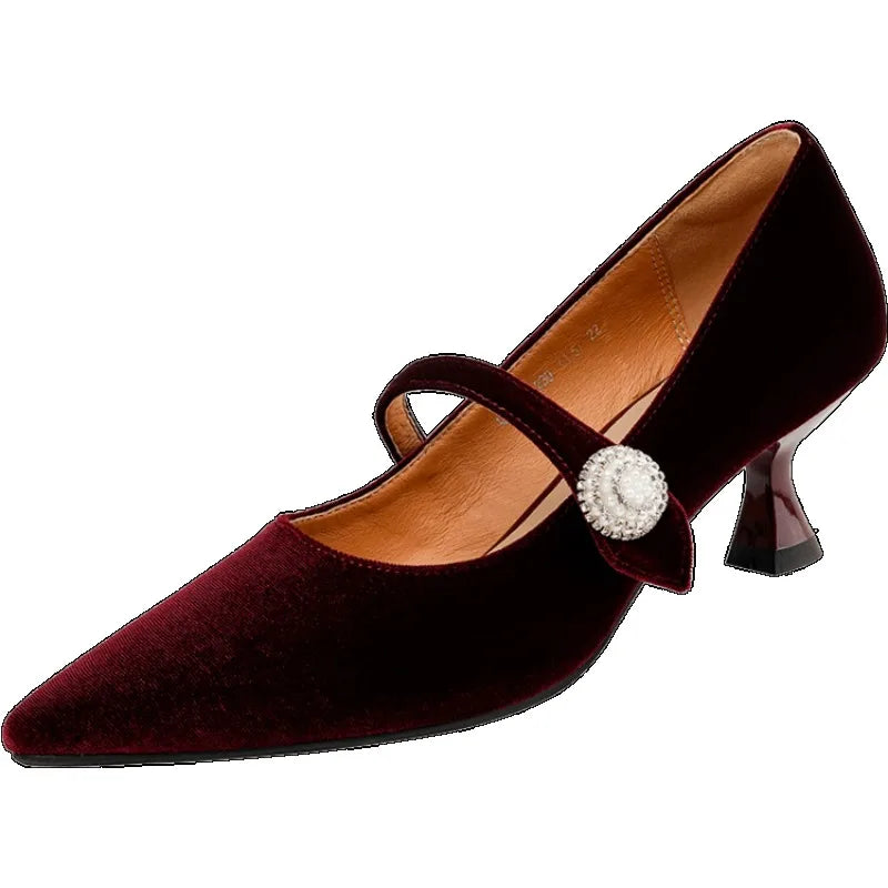 Wine Red Pointed Toe Mary Jane Shoes Women&