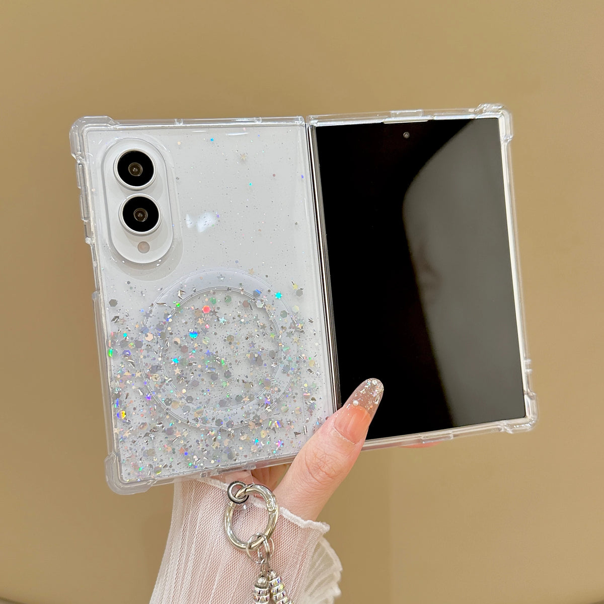 Luxury Gradient Glitter Sequins Pearl Wristband Bracelet Phone Case For Samsung Galaxy Z Fold 8 Wireless Charge Anti-slip Case