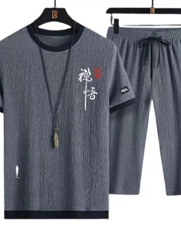 Casual Ice Silk Thin Short Sleeve Men's Sportswear Summer Set Trendy Clothes Handsome Matched Youth Seven-Piece Pants