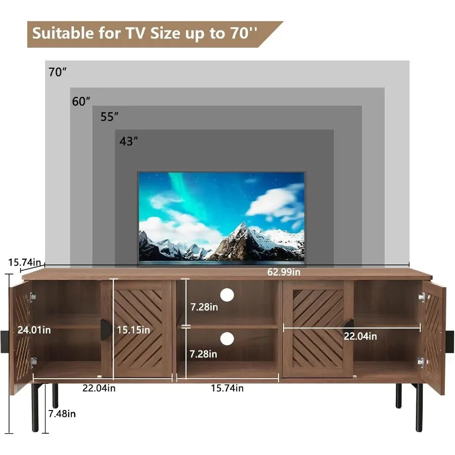 63 TV Stand for Living Room, Engineered Wood Entertainment Center with Storage Shelves, Brown Finish, Modern Style and Sturdy C