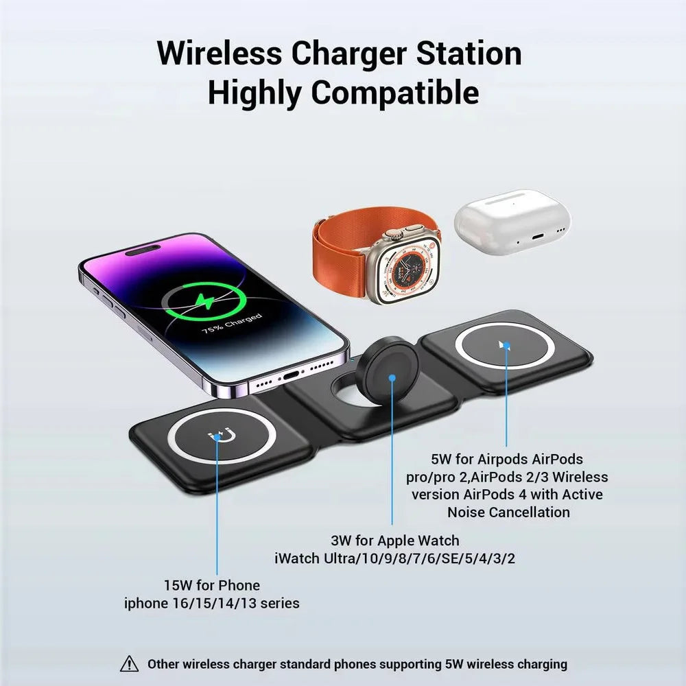 3-in-1 Magnetic Folding Wireless Charger, 15W Fast Charging, USB Type-C, for Phones, Watches, and Earbuds