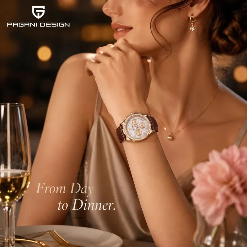 PAGANI DESIGN Women Chronograph Quartz Watch Rose Gold Luxury Sapphire Stainless Steel Elegant Sports Ladies Wristwatch