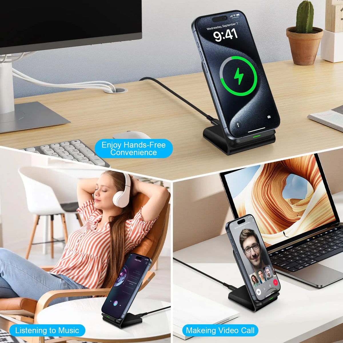 15W Wireless Charger Phone Holder Desk Fast Charging Charger Station for iPhone12-17,Samsung Galaxy S24-20 Xiaomi HUAWEI Android