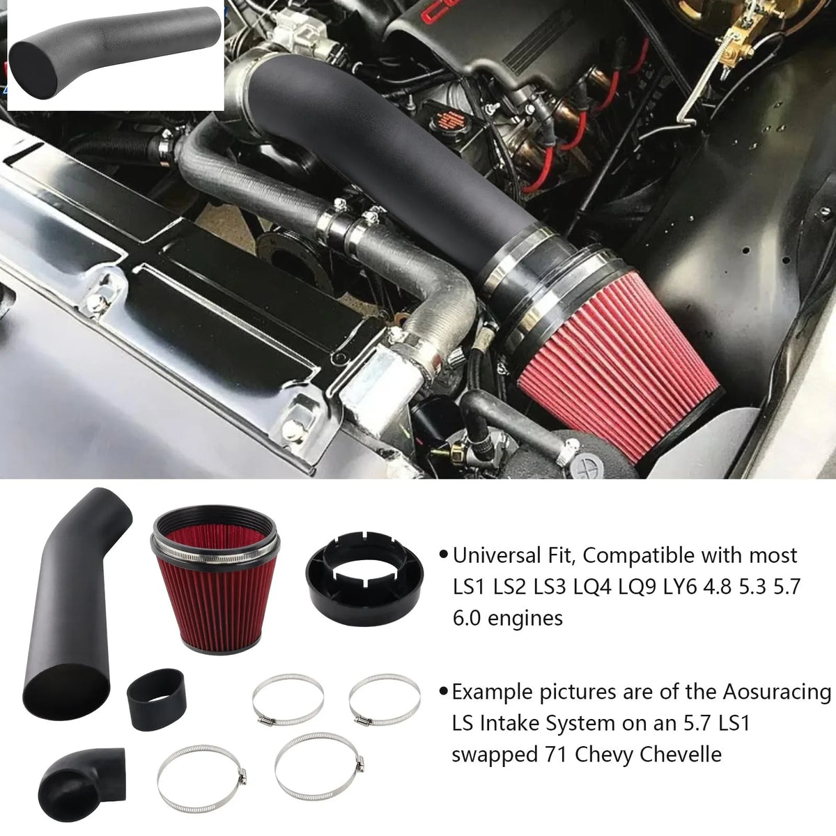 4 Inch LS Swap Cold Air Intake Kit compatible with LSX LS1 LS2 4.8L 5.3L 5.7L 6.0L Engine