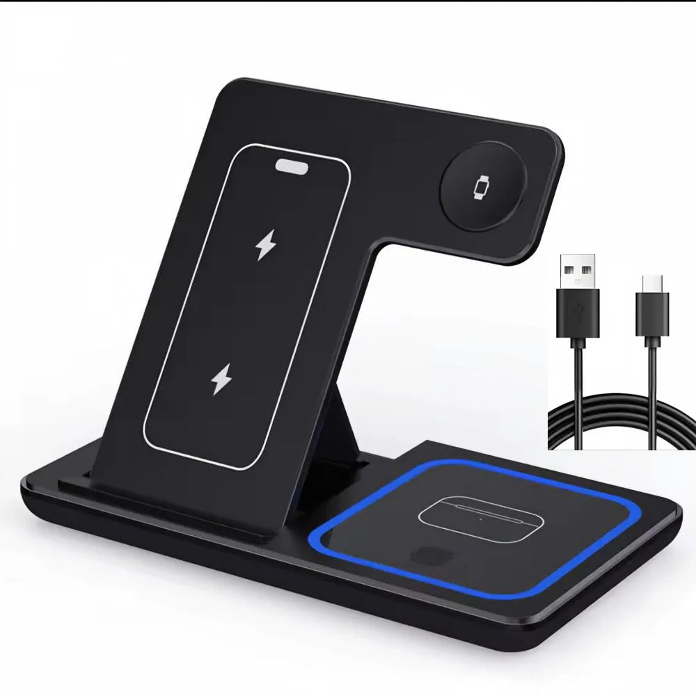 Fast Wireless Charger Charging Station Foldable Stand 3 in 1 for Samsung iPhone 17 16 15 18 14 13 12 Apple Watch 9 8 7 AirPods Xiaomi Huawei Type C Data Cable