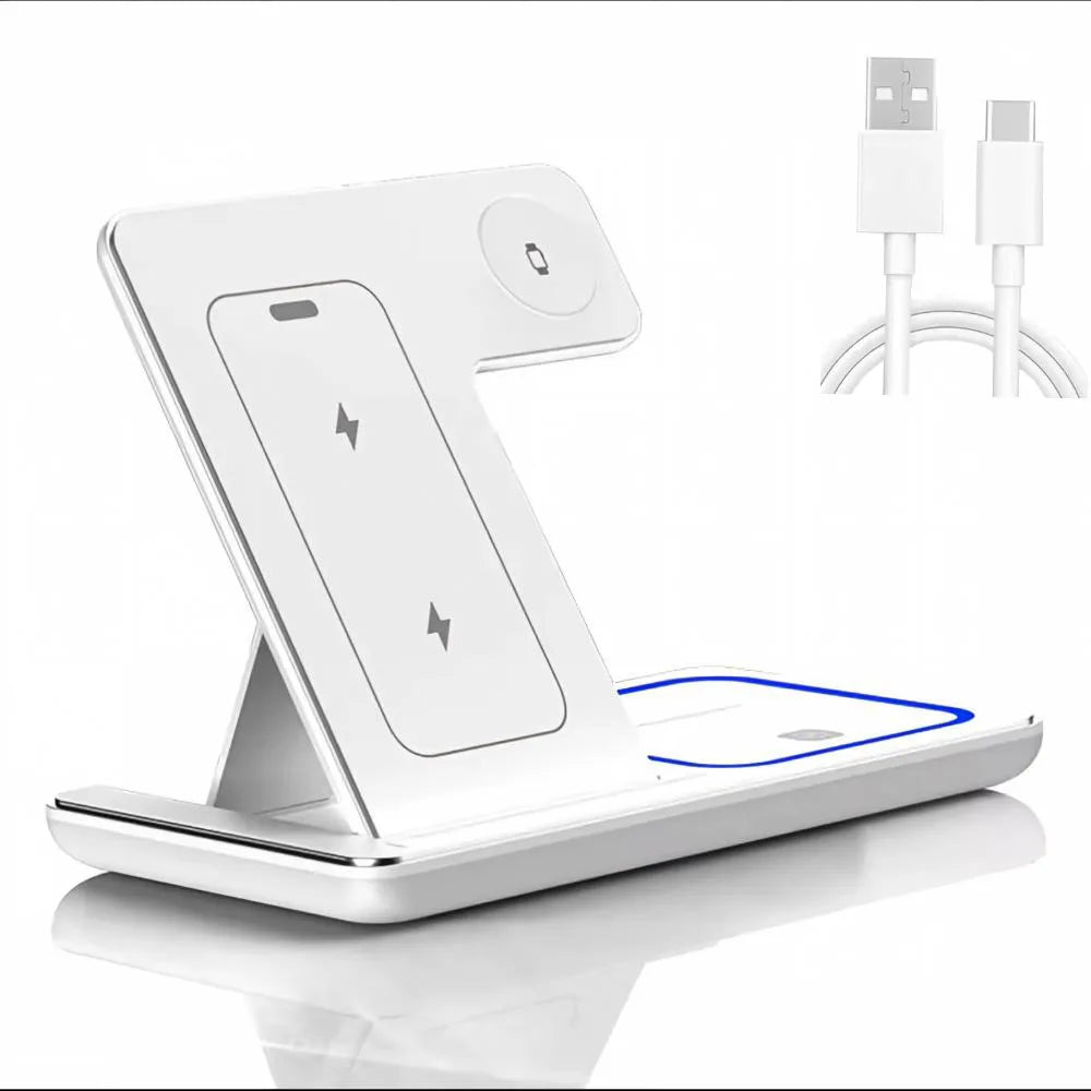 Fast Wireless Charger Charging Station Foldable Stand 3 in 1 for Samsung iPhone 17 16 15 18 14 13 12 Apple Watch 9 8 7 AirPods Xiaomi Huawei Type C Data Cable