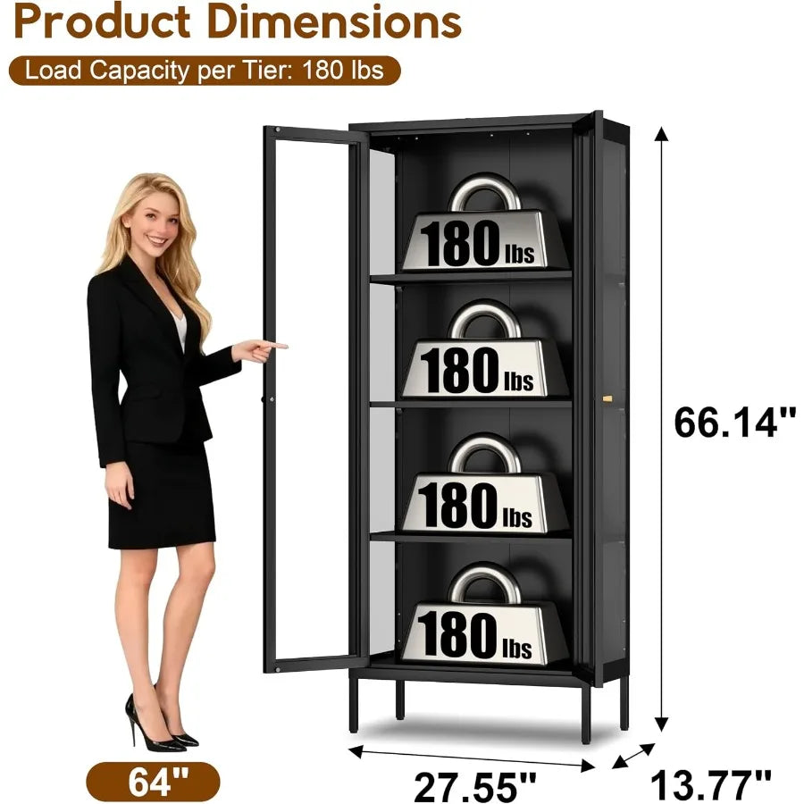 Glass Display Cabinet 4-Tier for Living Room, Tempered Glass Doors, Black Finish, Adjustable Shelves and LED Lighting