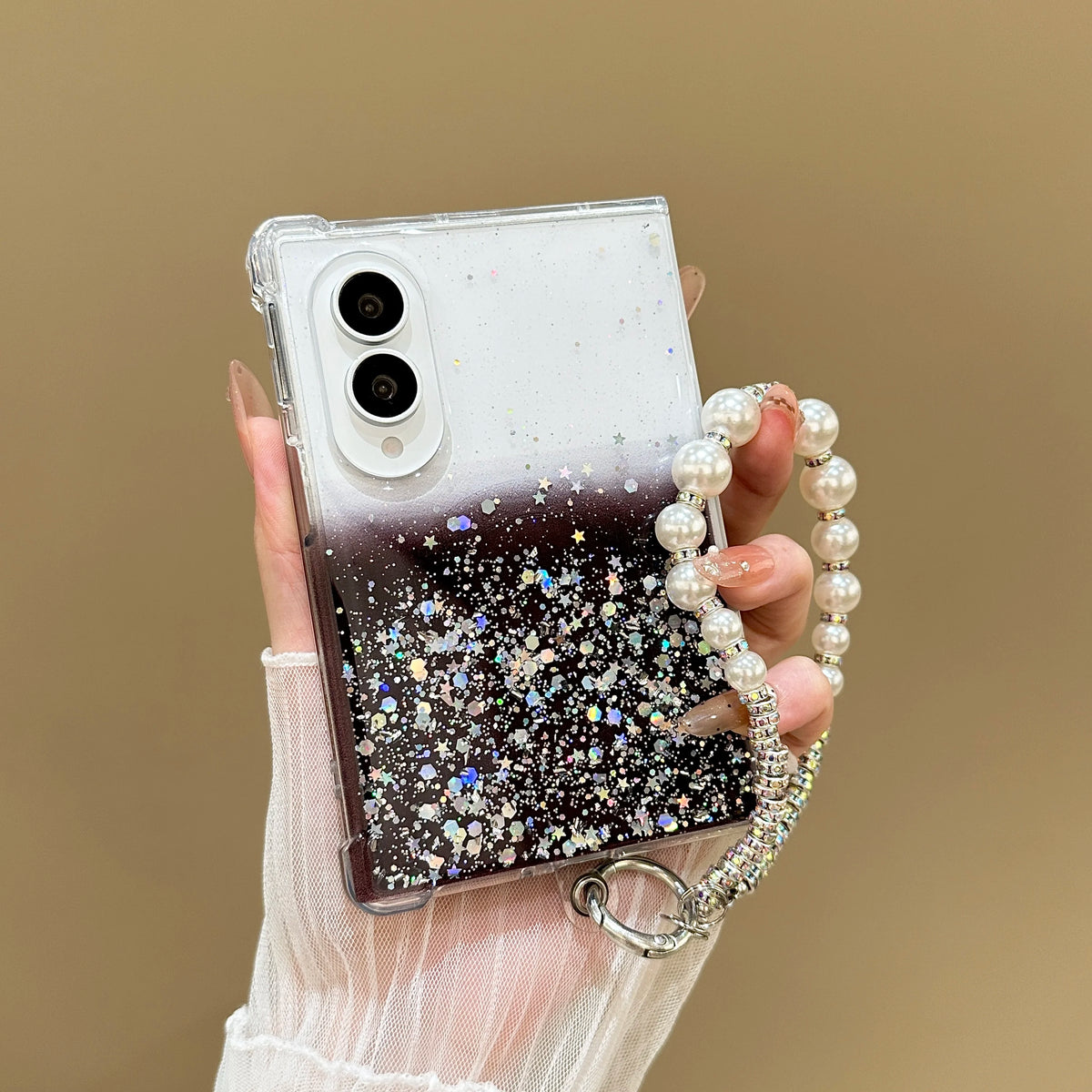 Luxury Gradient Glitter Sequins Pearl Wristband Bracelet Phone Case For Samsung Galaxy Z Fold 8 Wireless Charge Anti-slip Case
