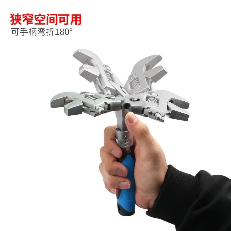 Perfect Multifunctional Five-in-one 10-inch Retractable Movable Wrench, Folding Shaking Head Ratchet
