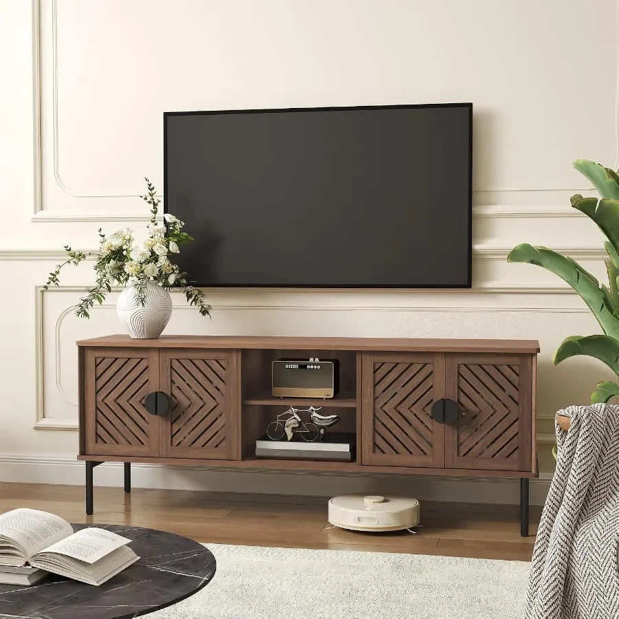 63 TV Stand for Living Room, Engineered Wood Entertainment Center with Storage Shelves, Brown Finish, Modern Style and Sturdy C