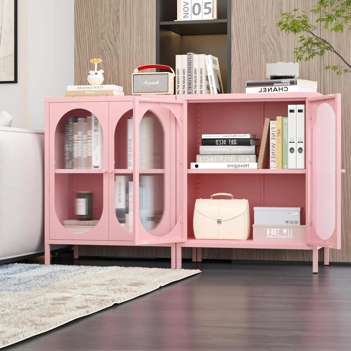 Small 2 Transpanrent Door Metal Storage Side Buffet Cabinet for Room,Entryway,Hallway,Kitchen,1 Removable Shelf. (Pink, Transparent Door)