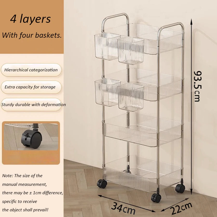 Light Luxury Storage Rack Trolley 2/3/4 Layers Transparent Acrylic Rolling Cart With Removable Hanging Baskets Snacks Bookshelf