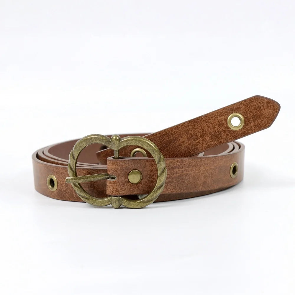 Vintage PU Leather Double Waist Belt for Women, Brown Medieval Long Tail Belt with Antique Brass Ring Buckle, Renaissance Viking