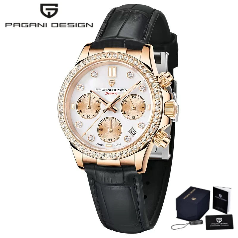 PAGANI DESIGN Women Chronograph Quartz Watch Rose Gold Luxury Sapphire Stainless Steel Elegant Sports Ladies Wristwatch