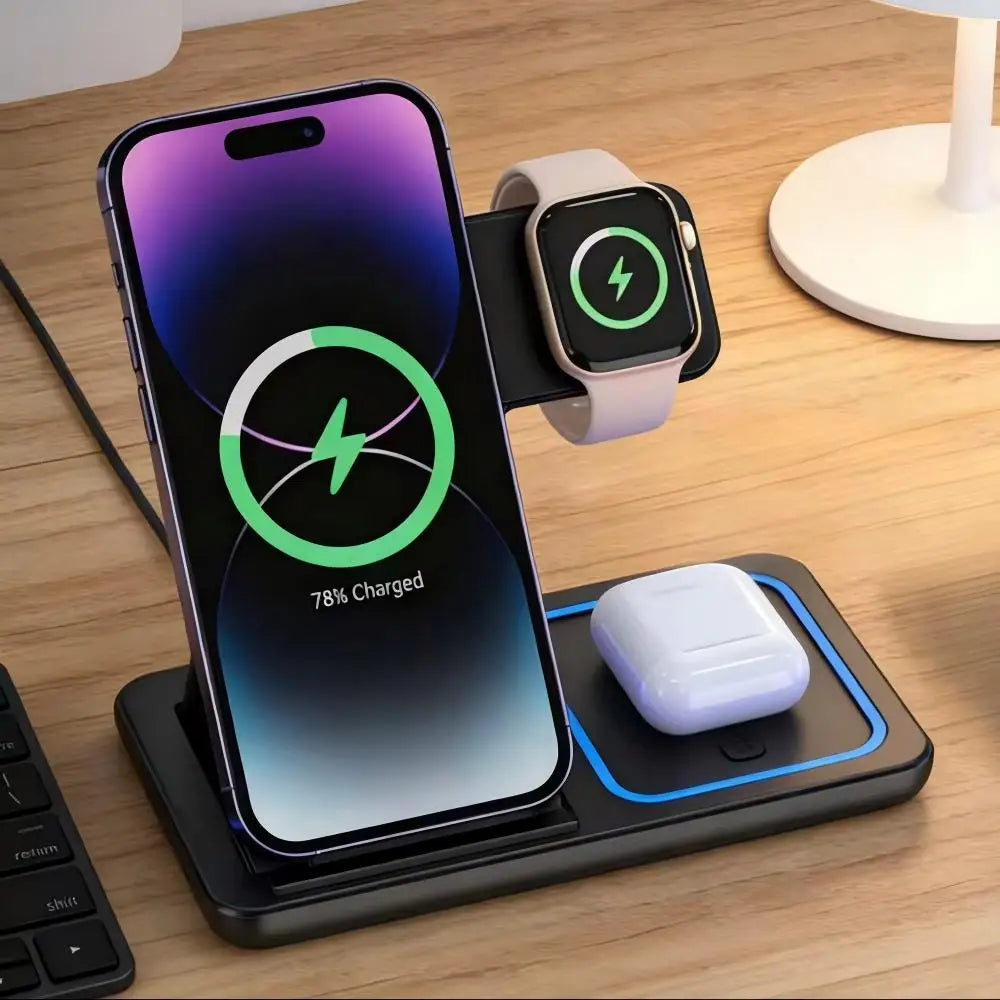Fast Wireless Charger Charging Station Foldable Stand 3 in 1 for Samsung iPhone 17 16 15 18 14 13 12 Apple Watch 9 8 7 AirPods Xiaomi Huawei Type C Data Cable