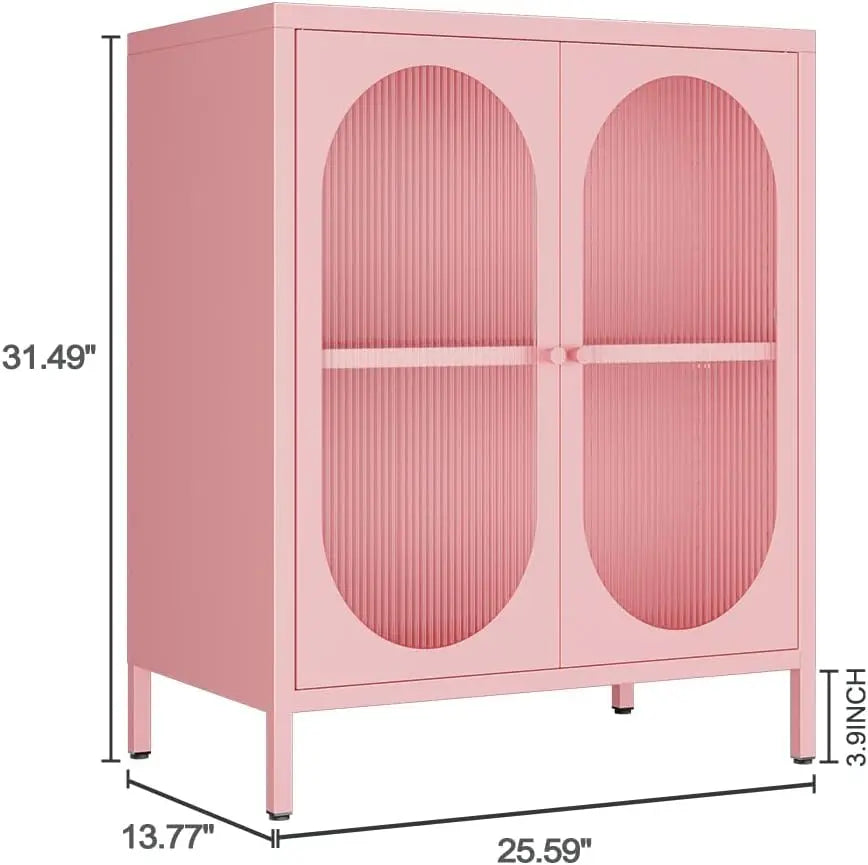 Small 2 Transpanrent Door Metal Storage Side Buffet Cabinet for Room,Entryway,Hallway,Kitchen,1 Removable Shelf. (Pink, Transparent Door)