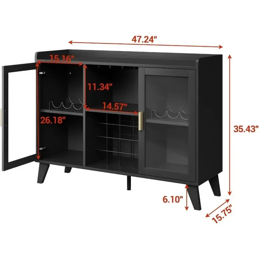 Bar Cabinet with LED Lights for Wine Storage, Black Acrylic Doors, Modern Illuminated Design