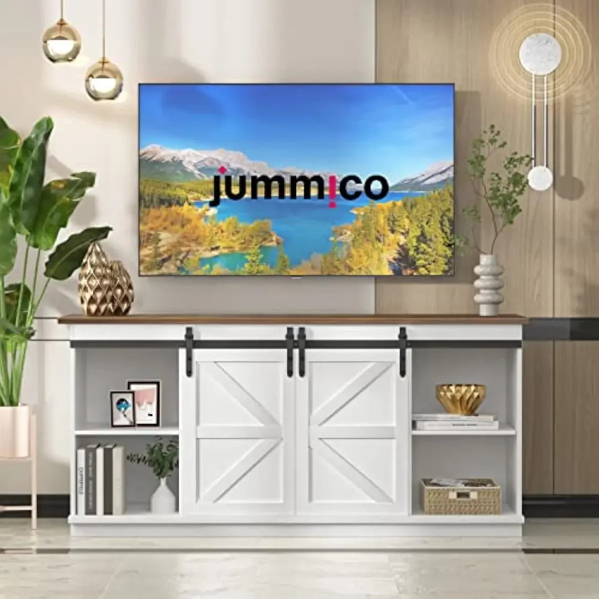 Farmhouse TV Console for 65 Inch Screens with Smooth Sliding Barn Doors Bright White Finish Durable Laminate Construction Two Co