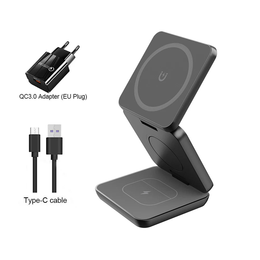 3 in 1 Foldable Magnetic Wireless Charger Stand for iPhone 16 15 14 13 12 Pro Max Apple Watch 9 8 7 Fast Charging Station