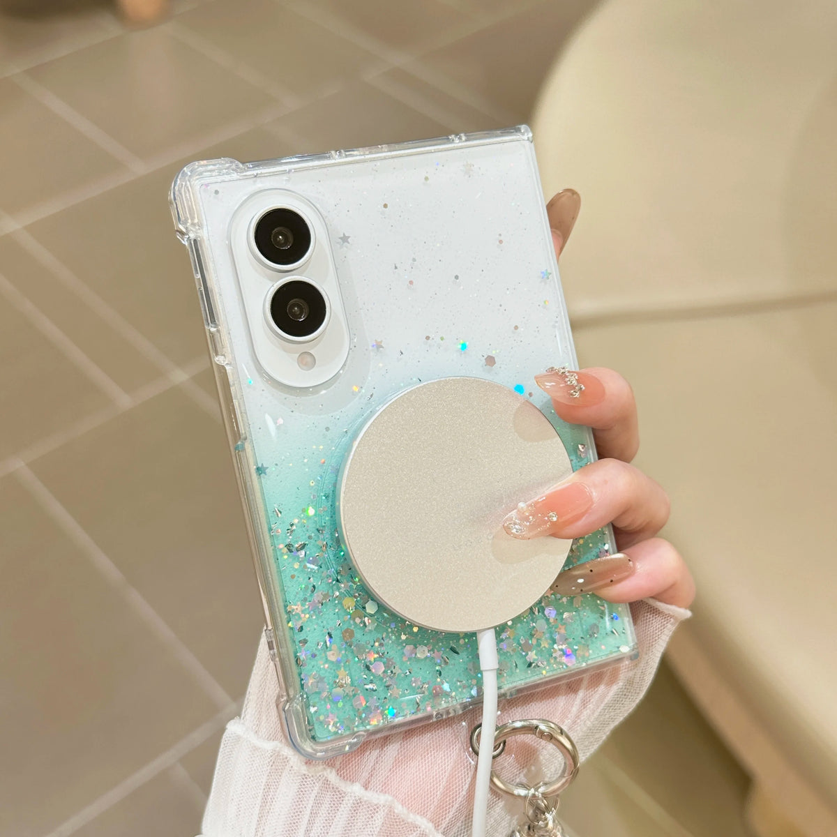 Luxury Gradient Glitter Sequins Pearl Wristband Bracelet Phone Case For Samsung Galaxy Z Fold 8 Wireless Charge Anti-slip Case