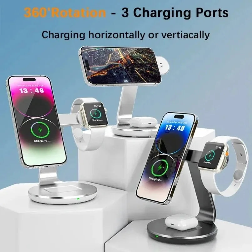 3 in 1 Wireless Charger Stand 360 Rotation 3 Charging Ports For iPhone Apple Watch AirPods Fast Charging Dock Home Office Use