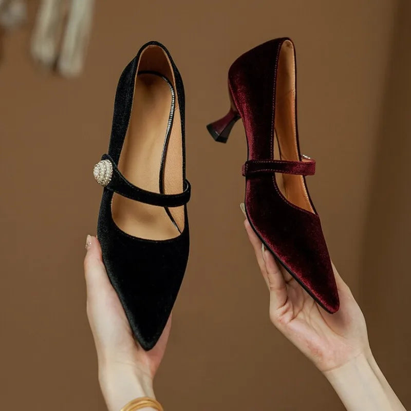 Wine Red Pointed Toe Mary Jane Shoes Women&
