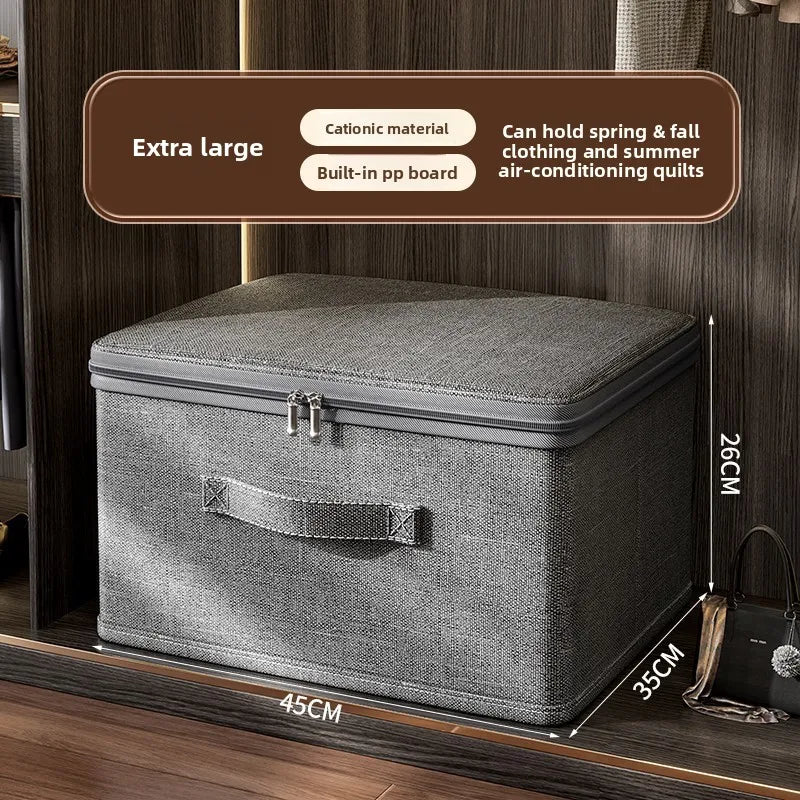 Premium Linen Like Fabric Storage Box Foldable Wardrobe Organizer with Sturdy Board Support Large Zipper Bin for Clothes Sweater