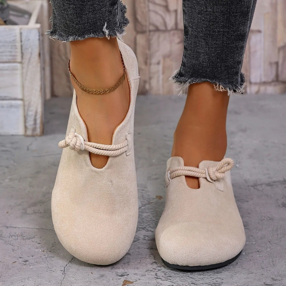Women Flat Loafers Round Toe Knotted Rope Strap Slip on Shoes Soft Suede Comfort Non Slip Ladies Casual Daily Walking Flat Shoes
