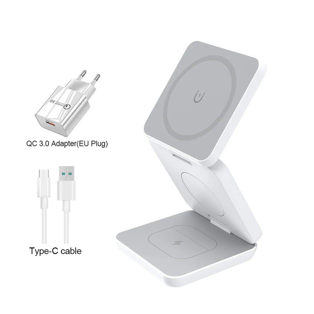 3 in 1 Foldable Magnetic Wireless Charger Stand for iPhone 16 15 14 13 12 Pro Max Apple Watch 9 8 7 Fast Charging Station