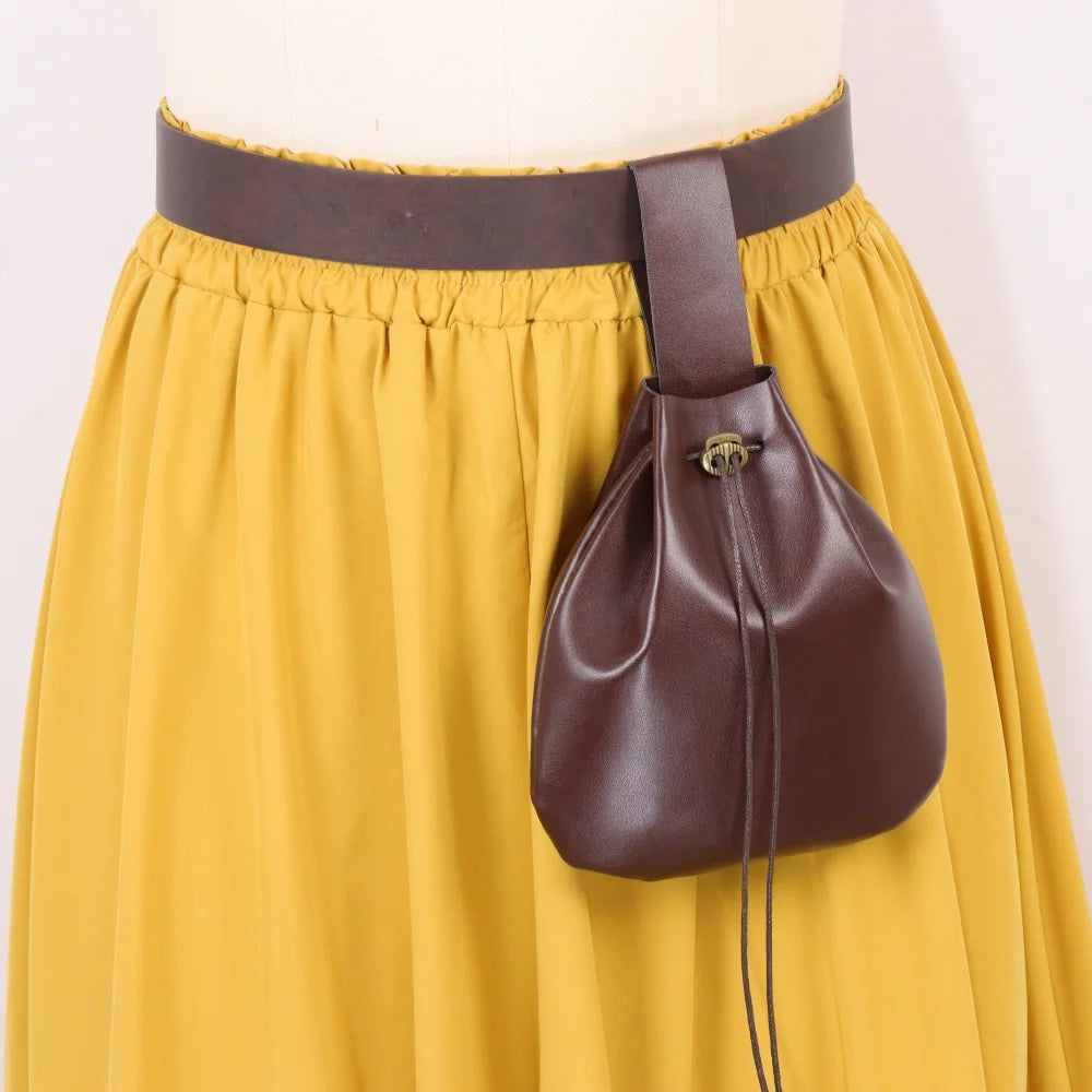 Vintage Medieval PU Leather Belt with Drawstring Pouch Renaissance Long Tail Waist Belt Hanging Bag Pirate Witch LARP Cosplay Ha