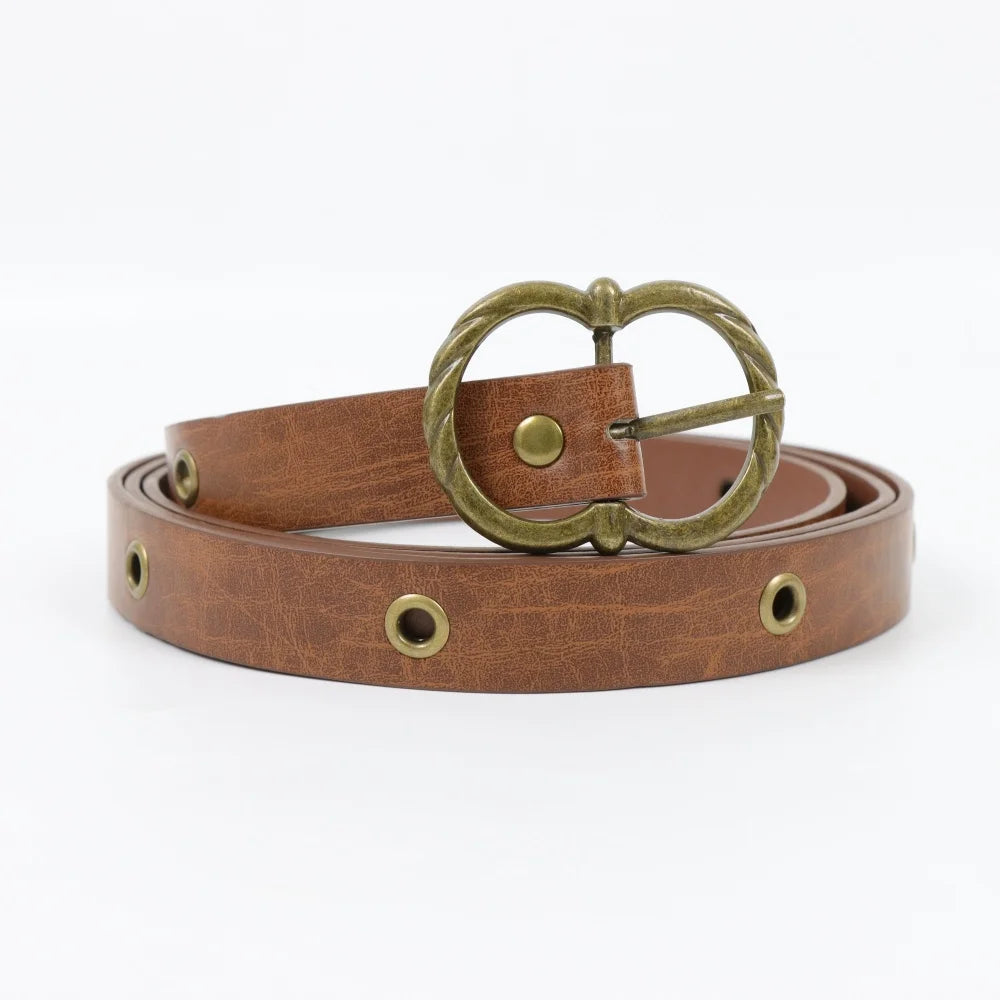 Vintage PU Leather Double Waist Belt for Women, Brown Medieval Long Tail Belt with Antique Brass Ring Buckle, Renaissance Viking