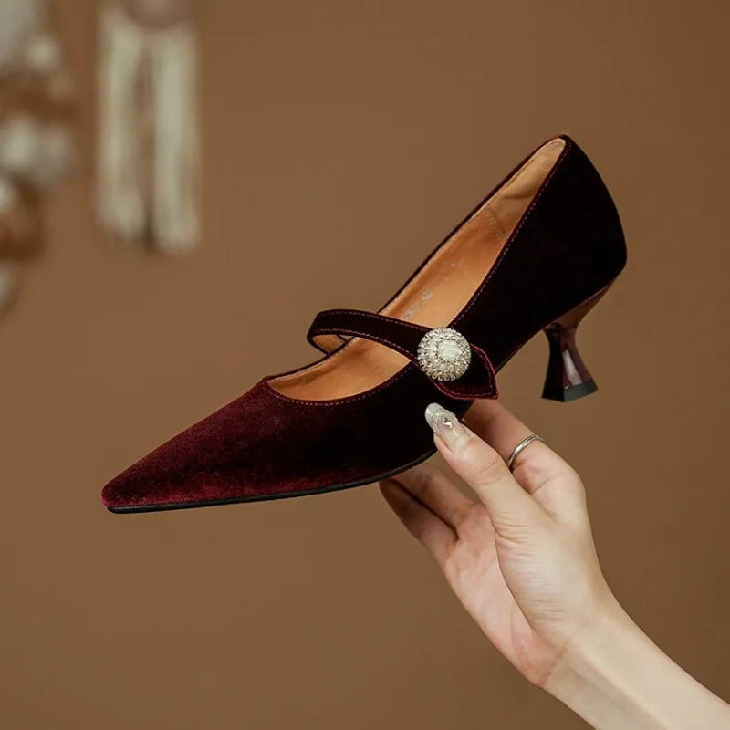 Wine Red Pointed Toe Mary Jane Shoes Women&