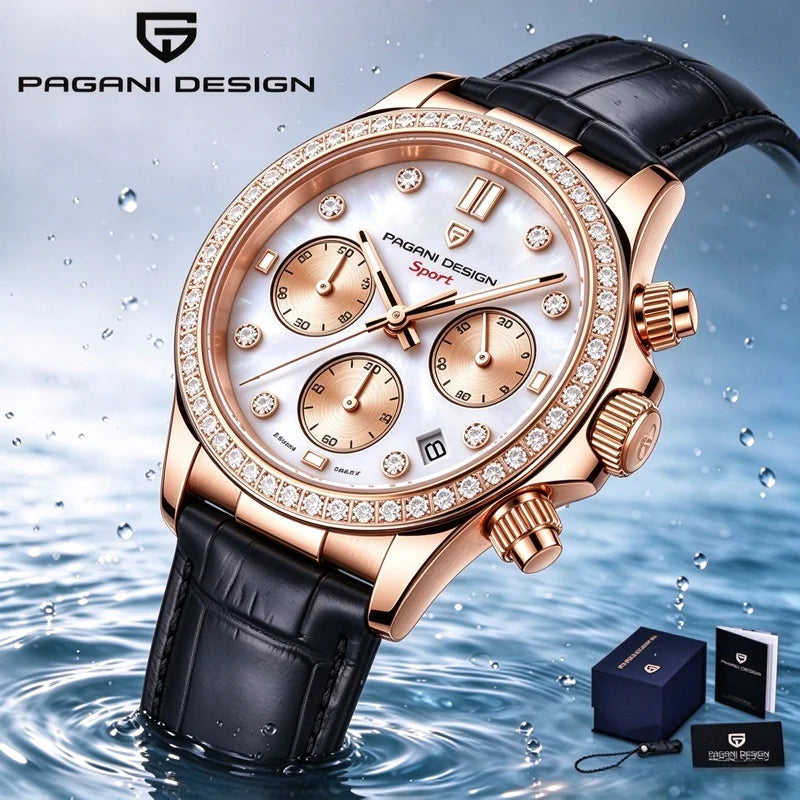 PAGANI DESIGN Women Chronograph Quartz Watch Rose Gold Luxury Sapphire Stainless Steel Elegant Sports Ladies Wristwatch
