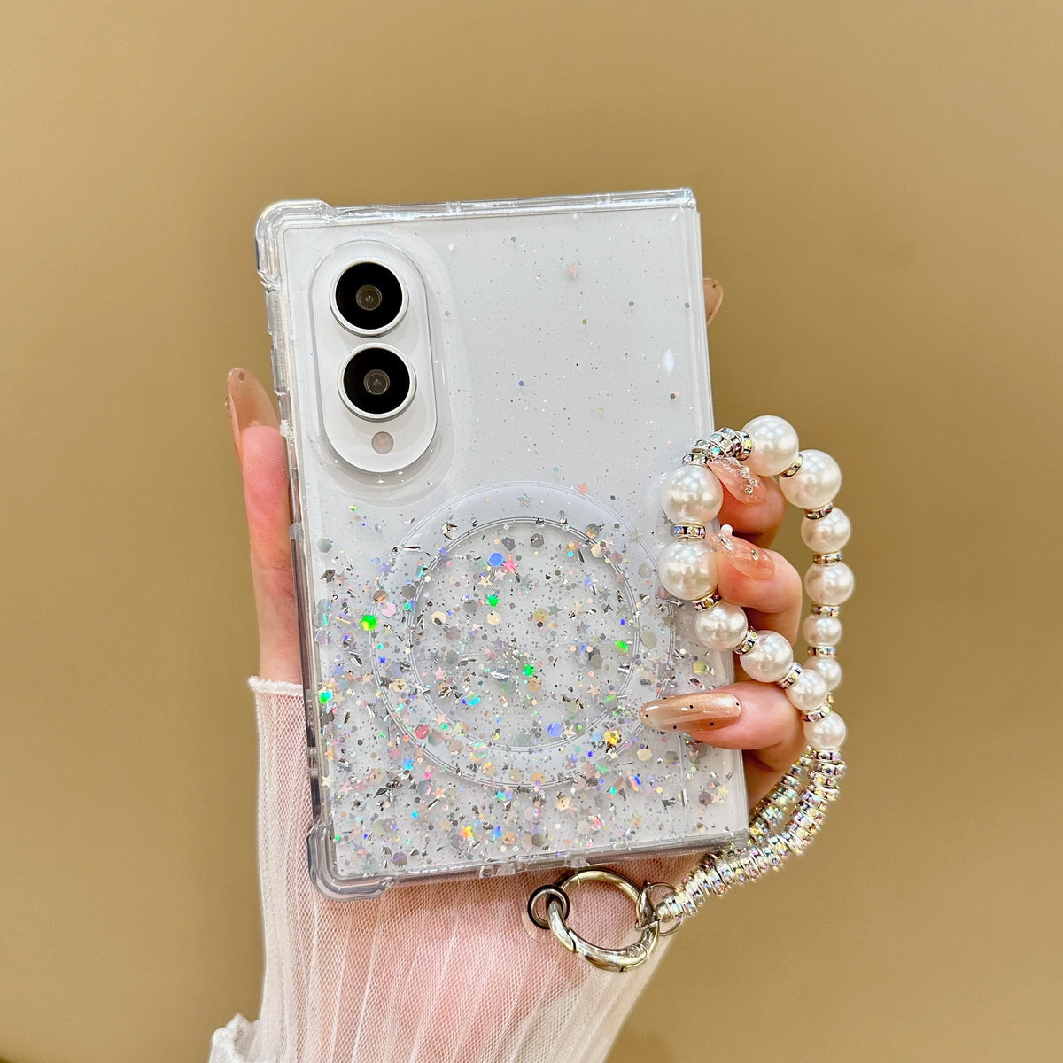 Luxury Gradient Glitter Sequins Pearl Wristband Bracelet Phone Case For Samsung Galaxy Z Fold 8 Wireless Charge Anti-slip Case