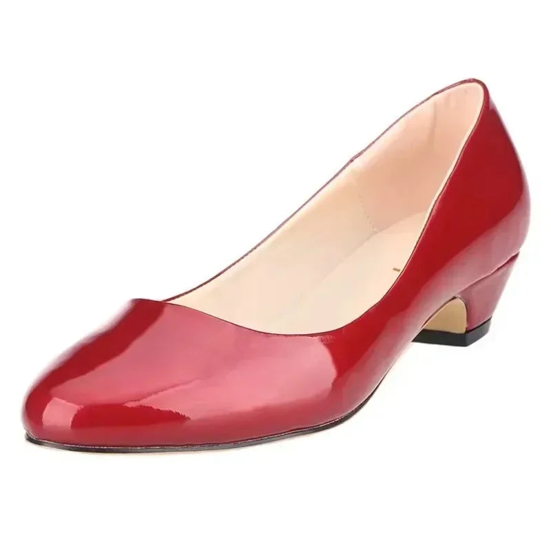 Women Wedge Pumps Autumn Casual Comfort Dress Round Toe Shallow Thick Low High Heels Office Slip-on Patent Leather Wedding Shoes