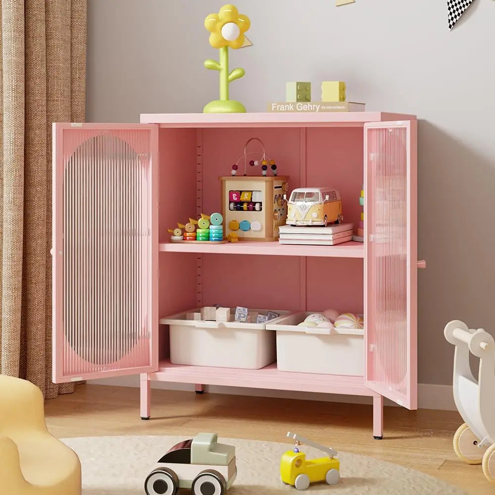 Small 2 Transpanrent Door Metal Storage Side Buffet Cabinet for Room,Entryway,Hallway,Kitchen,1 Removable Shelf. (Pink, Transparent Door)