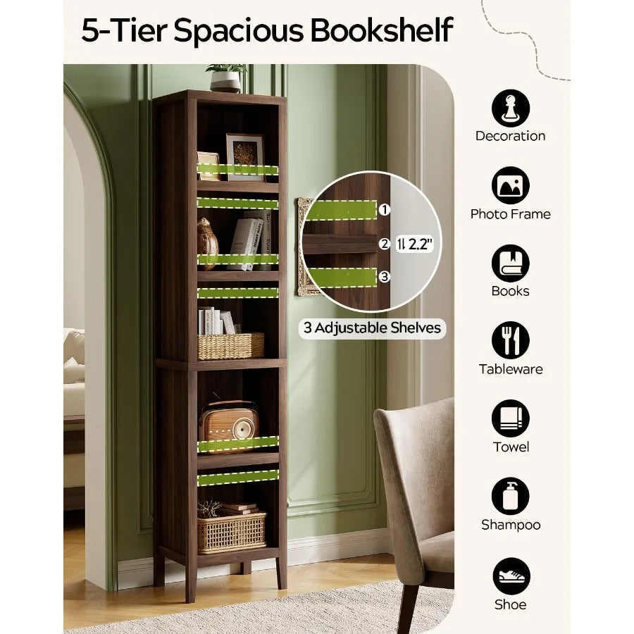 71 Tall Narrow Bookcase, 5-Tier Display Bookshelf for Living Room, Metal Frame with Wood Veneer, Black Finish, Space-Saving Des