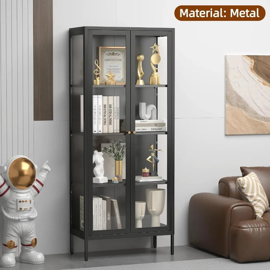 Glass Display Cabinet 4-Tier for Living Room, Tempered Glass Doors, Black Finish, Adjustable Shelves and LED Lighting