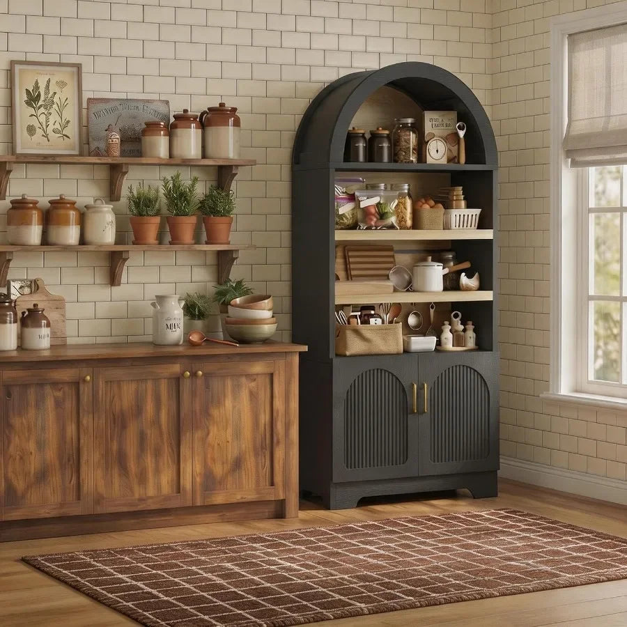 71 Tall Arched Kitchen Pantry for Home Storage, MDF with Black Finish, Space-Saving Design and Smooth-Closing Doors