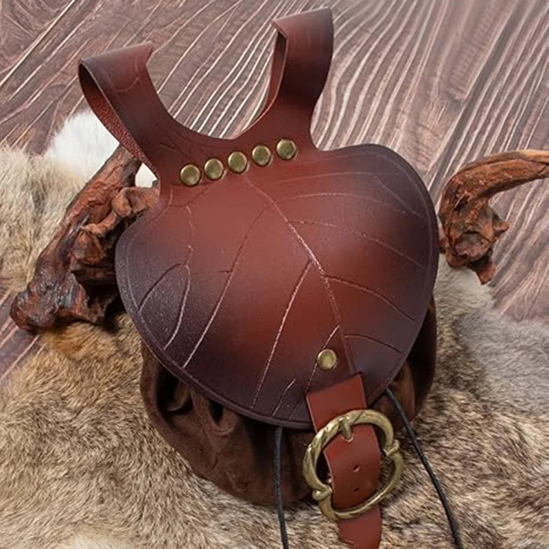 2pcs Medieval Festival Costume Accessories Vintage Pu Leather Waist Belt with Leaf-Shaped Drawstring Coin Pouch Viking Style Cosplay Props for Halloween LARP