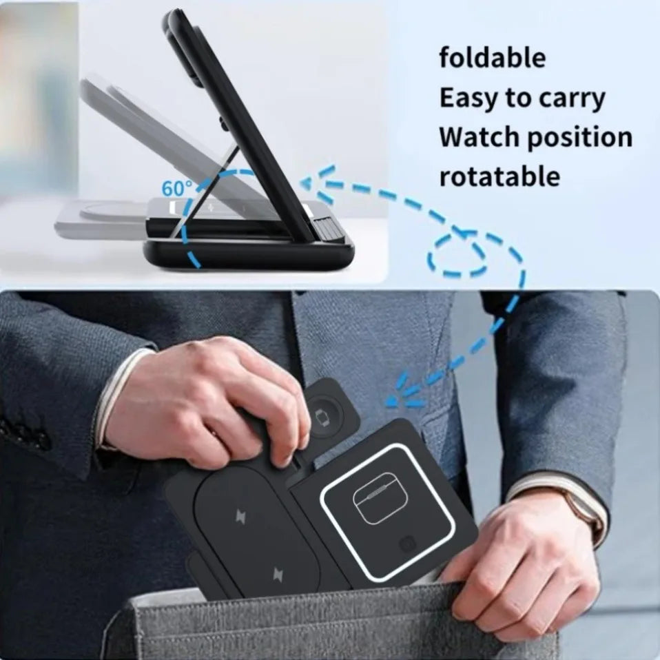 Night LED Light 3 In 1 Wireless Charger Foldable Stand For iPhone Samsung Apple Watch 2-11 SE Airpods Pro Fast Charging Station