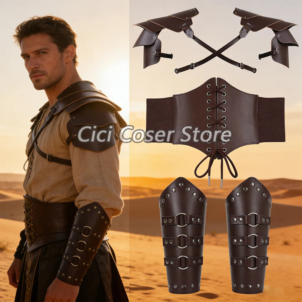 Medieval PU Leather Armor Set Pauldron Corset Waist Belt Bracers Men Viking Knight Pirate Cosplay Accessories Halloween Party