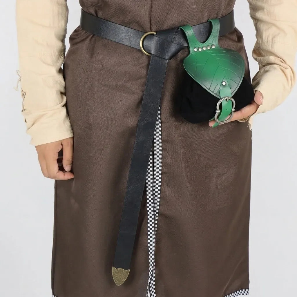 2pcs Medieval Festival Costume Accessories Vintage Pu Leather Waist Belt with Leaf-Shaped Drawstring Coin Pouch Viking Style Cosplay Props for Halloween LARP
