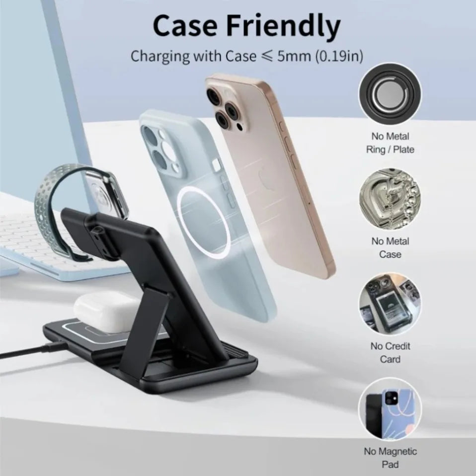 Night LED Light 3 In 1 Wireless Charger Foldable Stand For iPhone Samsung Apple Watch 2-11 SE Airpods Pro Fast Charging Station
