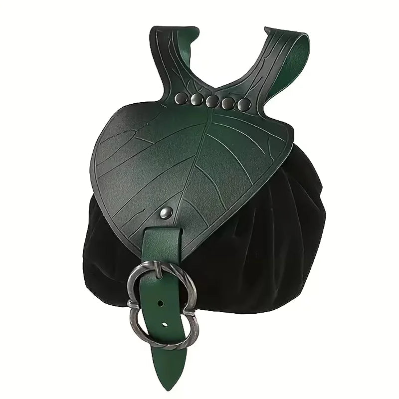 2pcs Medieval Festival Costume Accessories Vintage Pu Leather Waist Belt with Leaf-Shaped Drawstring Coin Pouch Viking Style Cosplay Props for Halloween LARP