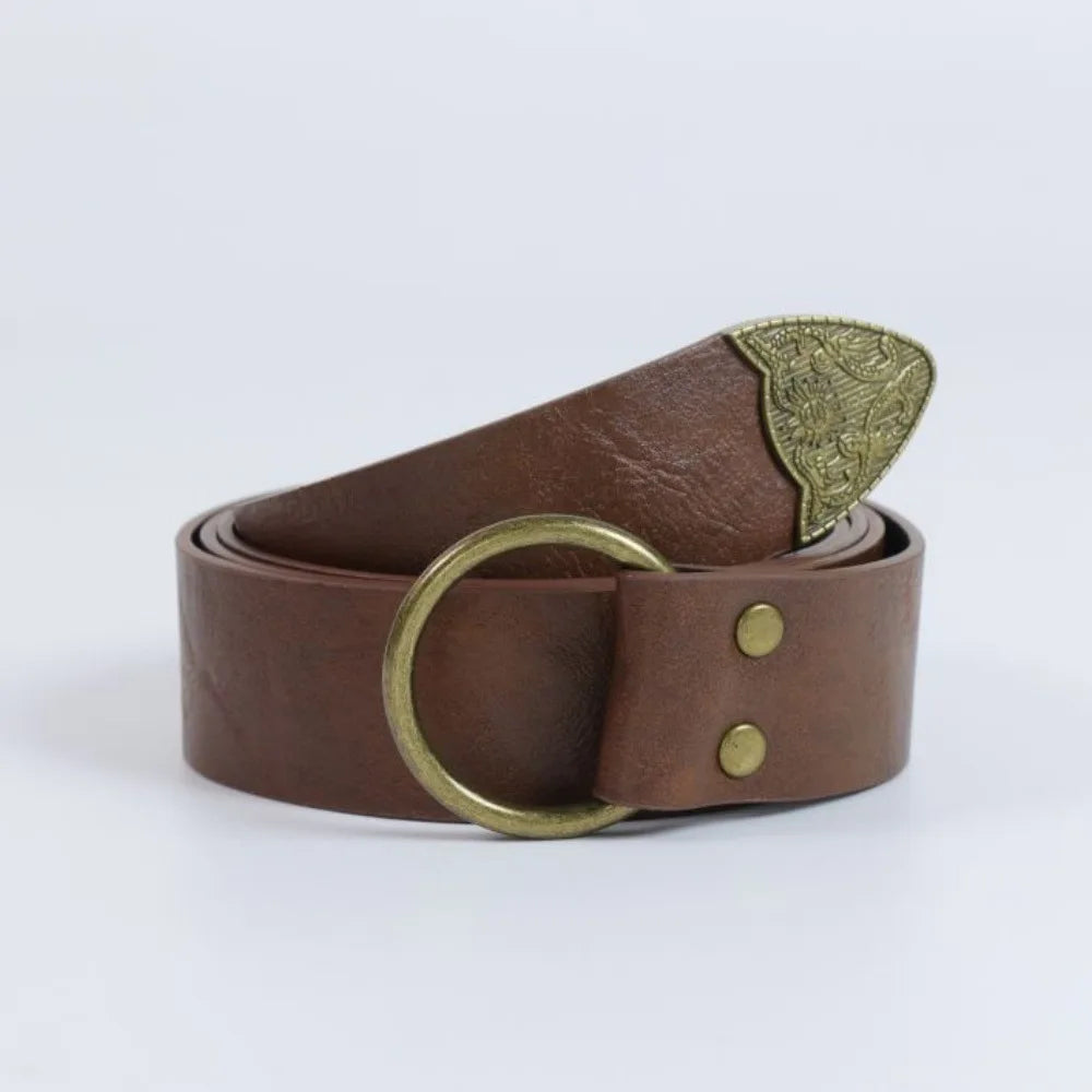 2pcs Medieval Festival Costume Accessories Vintage Pu Leather Waist Belt with Leaf-Shaped Drawstring Coin Pouch Viking Style Cosplay Props for Halloween LARP